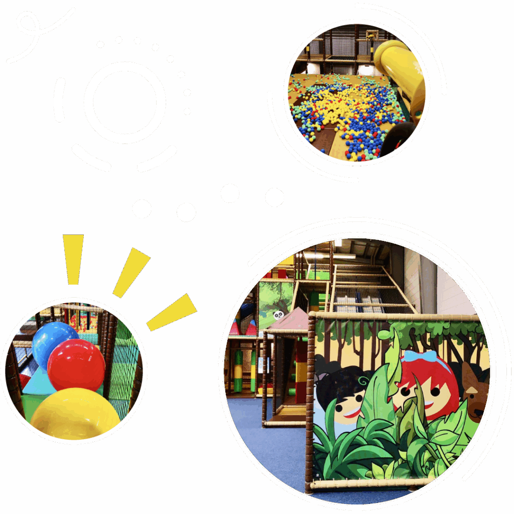 Collage aus abstrakten geometrischen Formen und Fotos vom Indoorspielplatz